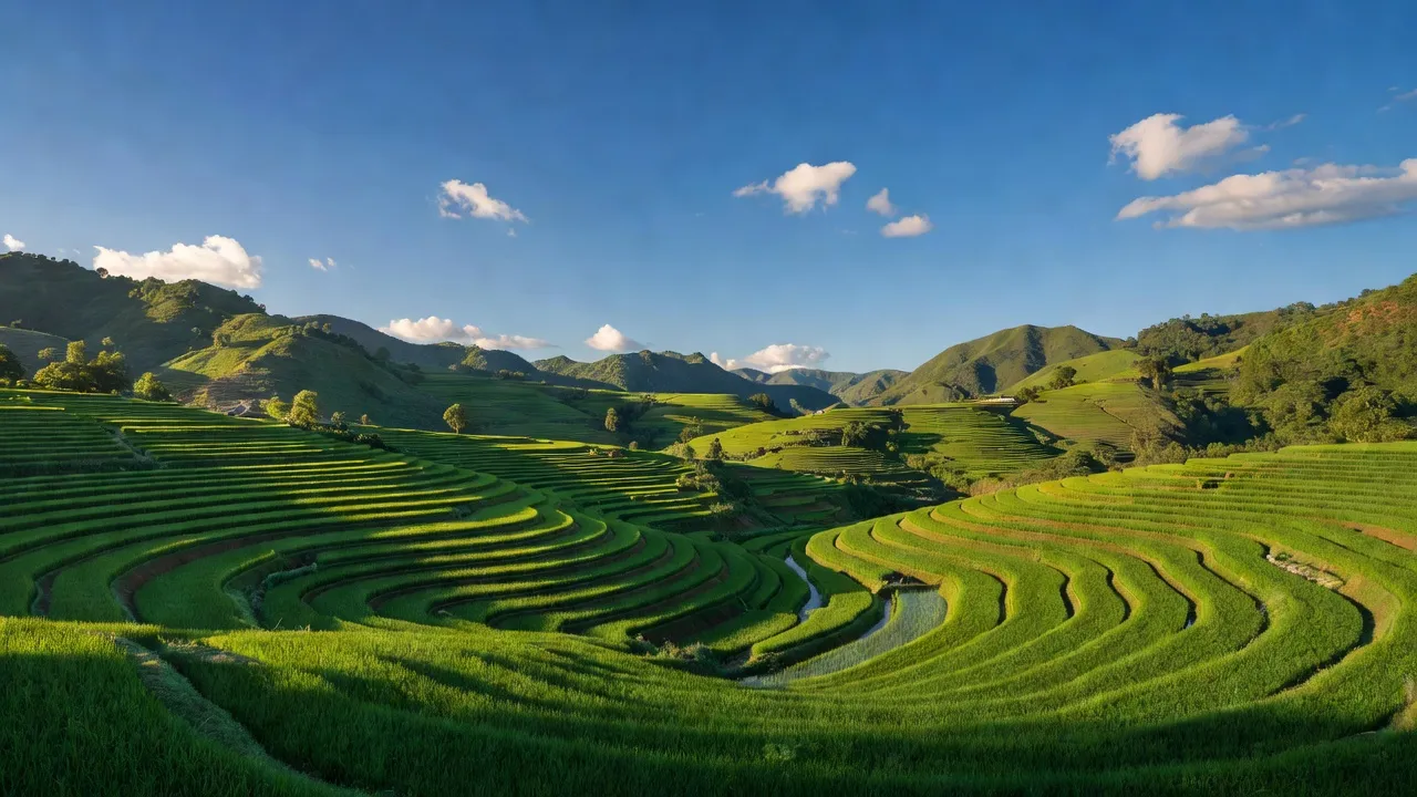 Phong cảnh Nậm Cuổi, huyện Sìn Hồ, Lai Châu, đồi núi xanh, ruộng bậc thang, bầu trời yên bình.