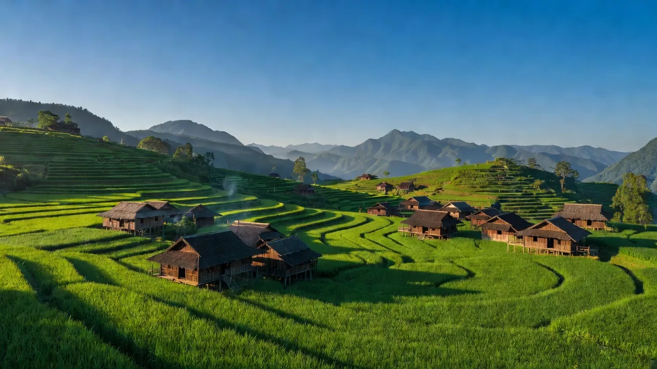 Cảnh quan Nậm Hăn, Sìn Hồ, Lai Châu với núi non, cánh đồng xanh và nhà gỗ truyền thống.