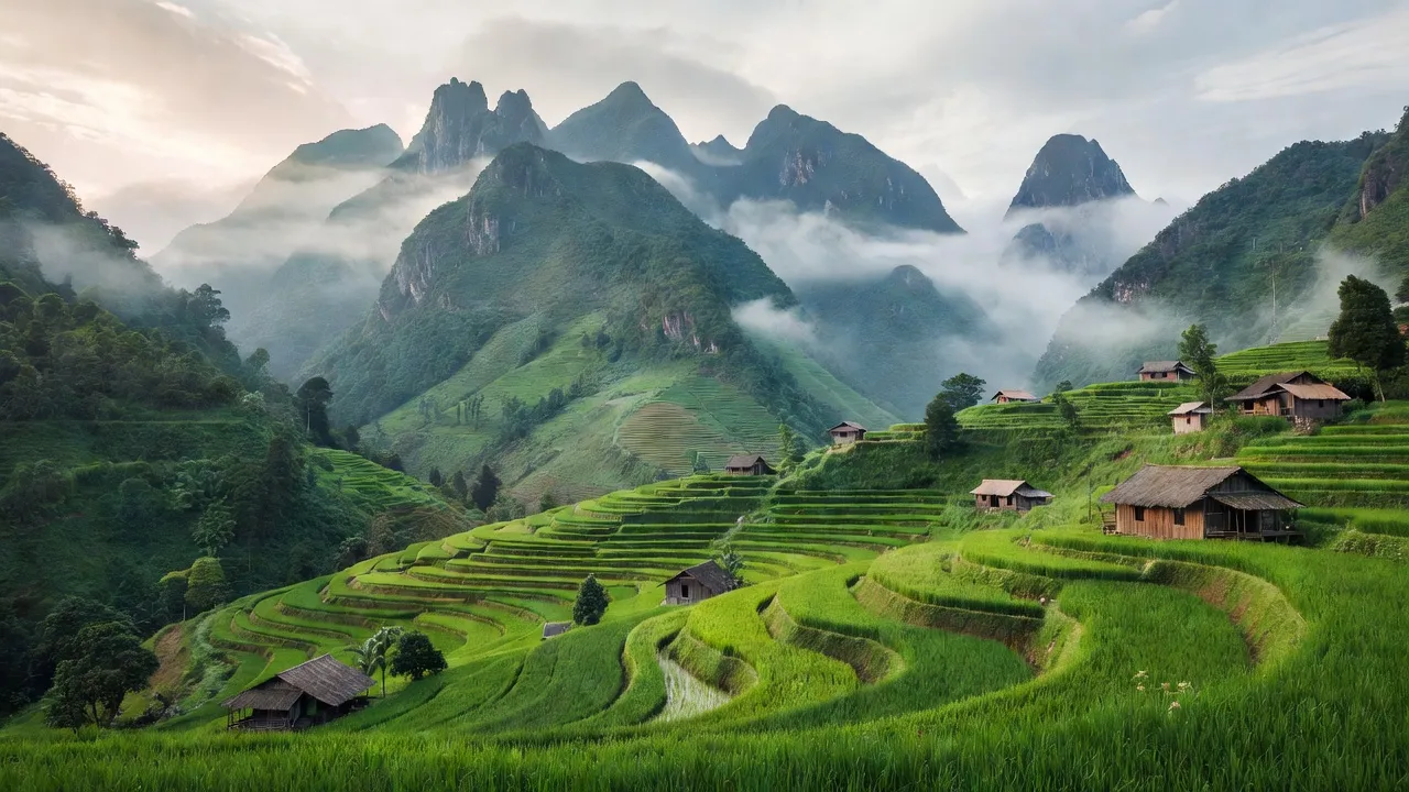 Khung cảnh thiên nhiên xã Nậm Hăn, huyện Sìn Hồ, tỉnh Lai Châu với núi, ruộng bậc thang.