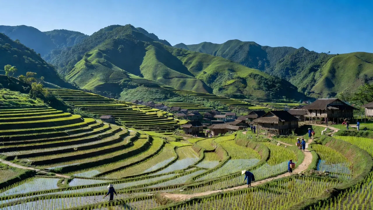 Khung cảnh Xã Nậm Tăm, huyện Sìn Hồ, tỉnh Lai Châu với núi xanh và ruộng bậc thang.