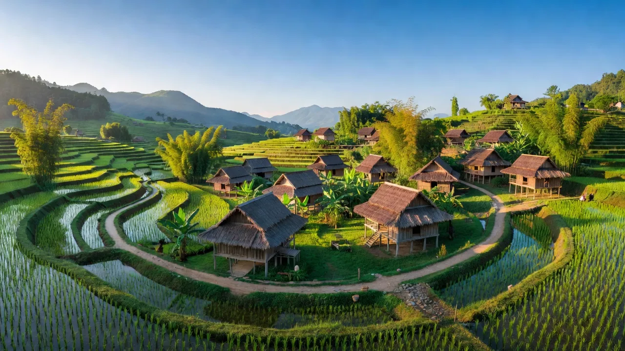Khung cảnh làng Noong Hẻo ở Sìn Hồ, Lai Châu với nhà sàn người Thái và ruộng xanh.