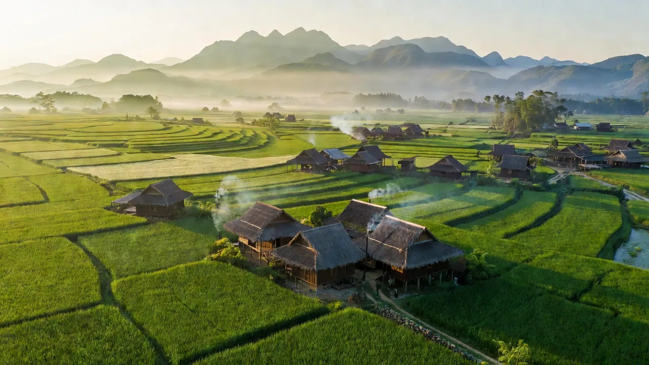 Phong cảnh xã Noong Hẻo, huyện Sìn Hồ, tỉnh Lai Châu với những cánh đồng xanh và bản làng người Thái.