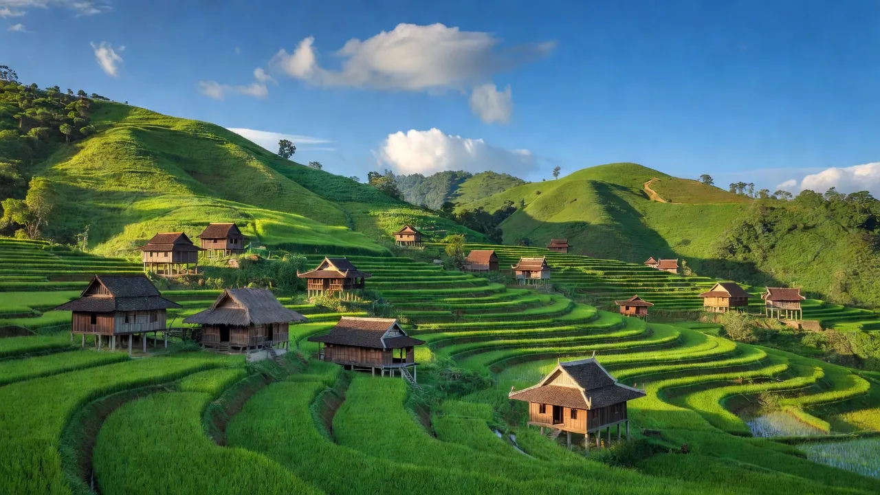 Cảnh đẹp xã Pa Khoá, huyện Sìn Hồ, tỉnh Lai Châu với những đồng ruộng và nhà sàn truyền thống.