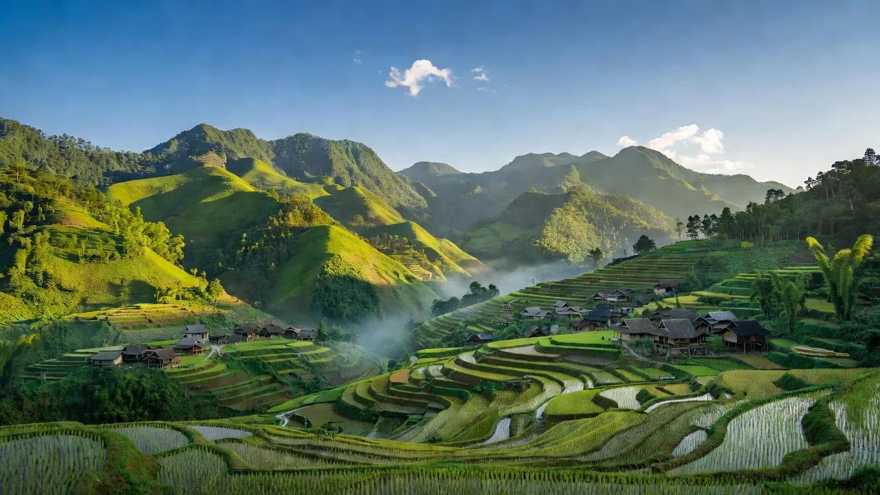 Khung cảnh núi non Xã Phìn Hồ, huyện Sìn Hồ, tỉnh Lai Châu, với những cánh đồng xanh tươi và trời xanh.