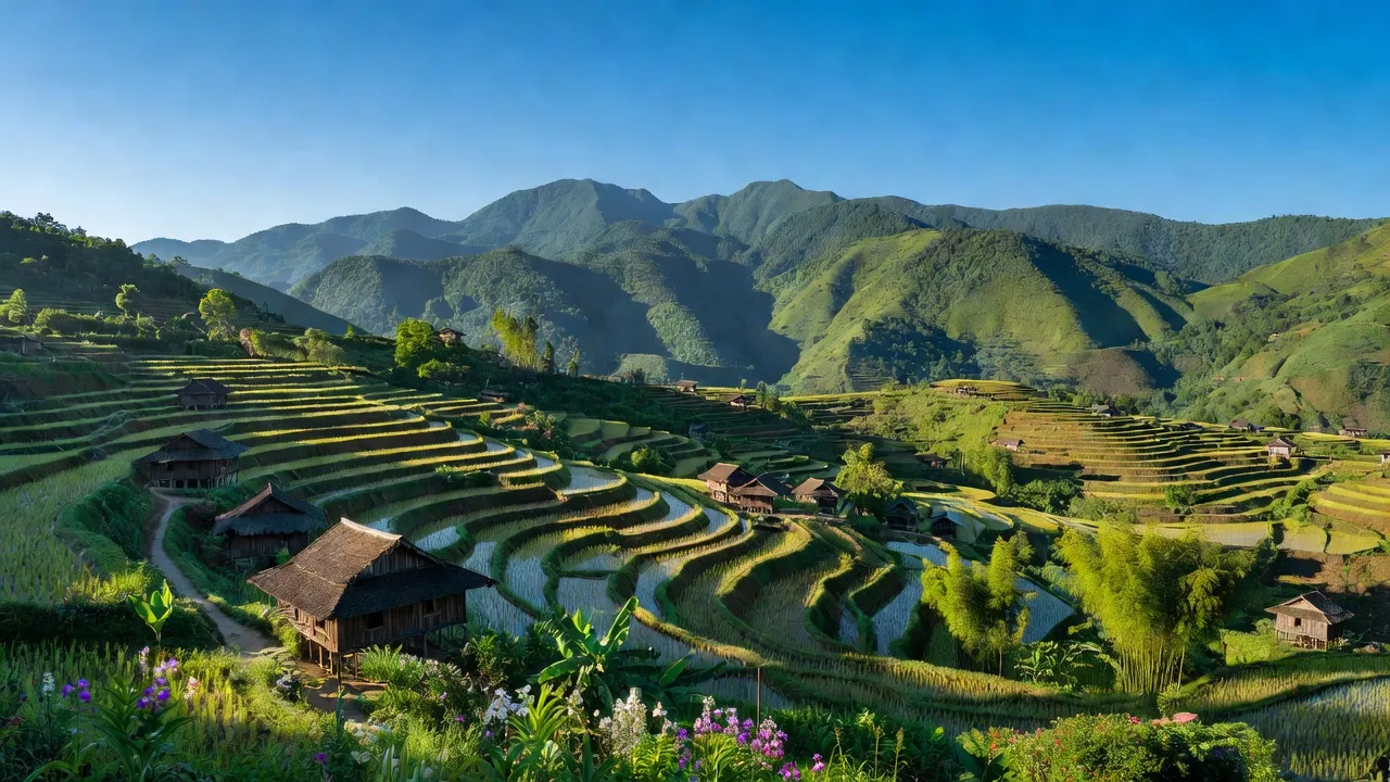 Khung cảnh Xã Phìn Hồ, huyện Sìn Hồ, Lai Châu với núi xanh, nhà gỗ và bầu trời trong xanh.