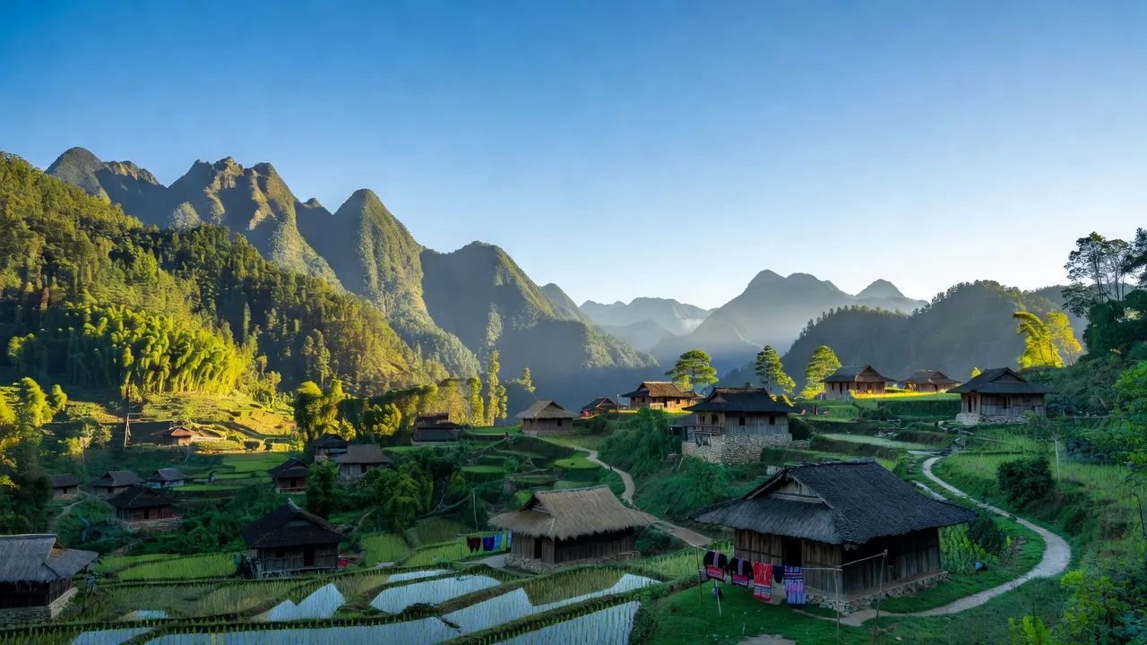 Khung cảnh xã Pu Sam Cáp, huyện Sìn Hồ, tỉnh Lai Châu, với vùng núi và nhà dân tộc Mông.