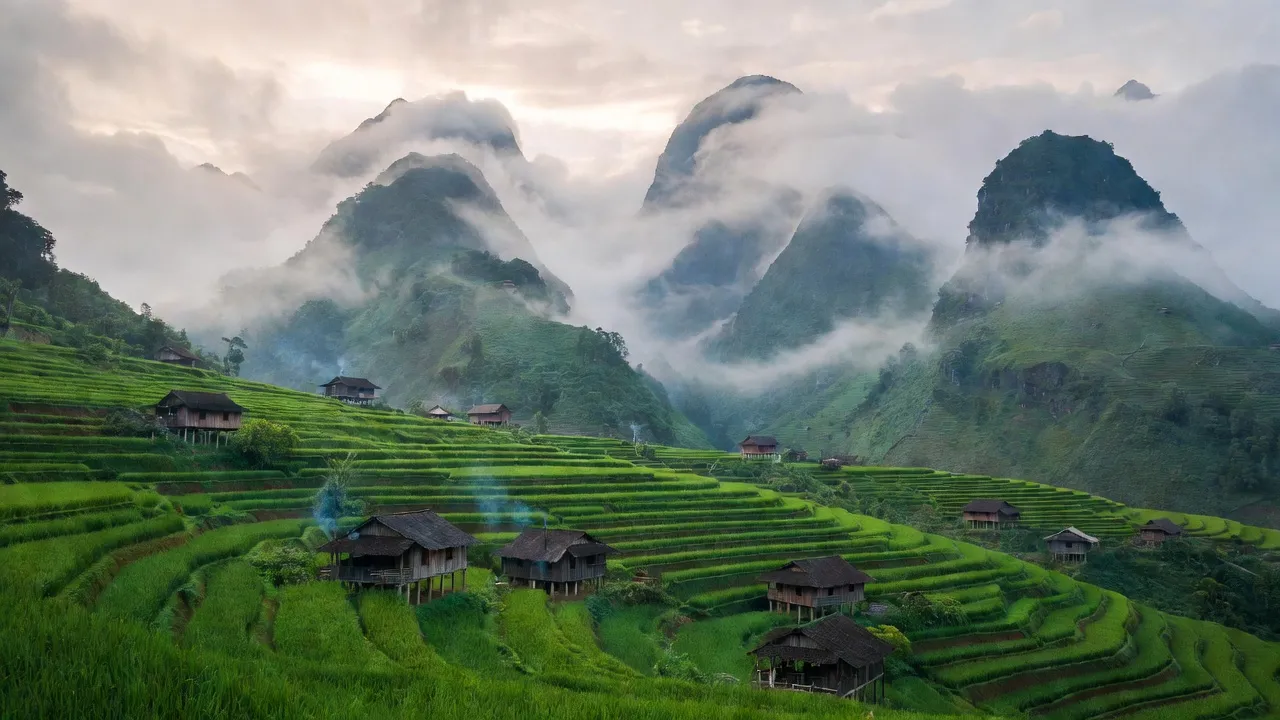 Cảnh sắc thiên nhiên Sà Dề Phìn, huyện Sìn Hồ, tỉnh Lai Châu với mây mù bao phủ, ruộng bậc thang.