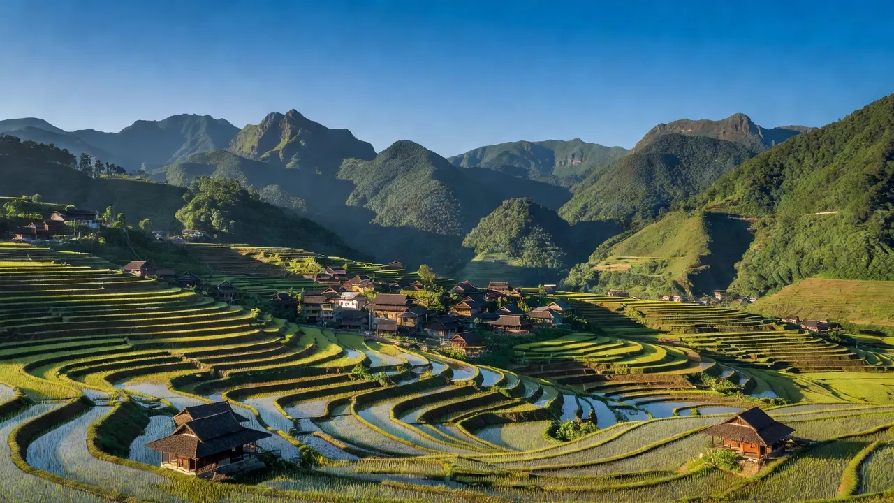 Khung cảnh xã Tả Ngảo, huyện Sìn Hồ với núi xanh, ruộng bậc thang và nhà truyền thống.