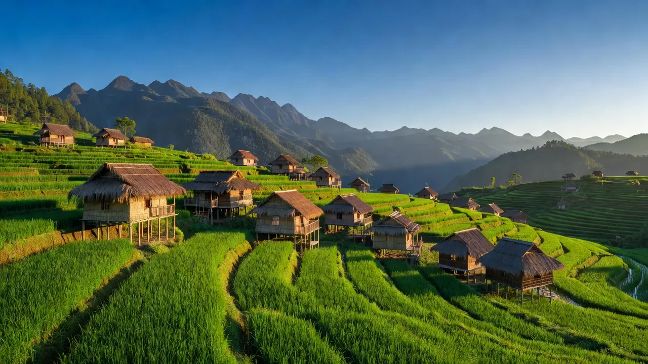 Khung cảnh xanh tươi của xã Tả Ngảo, huyện Sìn Hồ, tỉnh Lai Châu với nhà truyền thống.