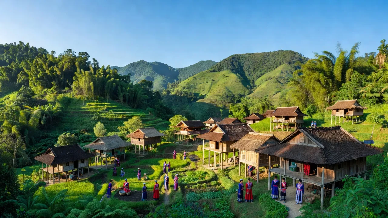 Tam Đường, Lai Châu with lush mountains, stilt houses, vibrant culture, and clear blue sky.