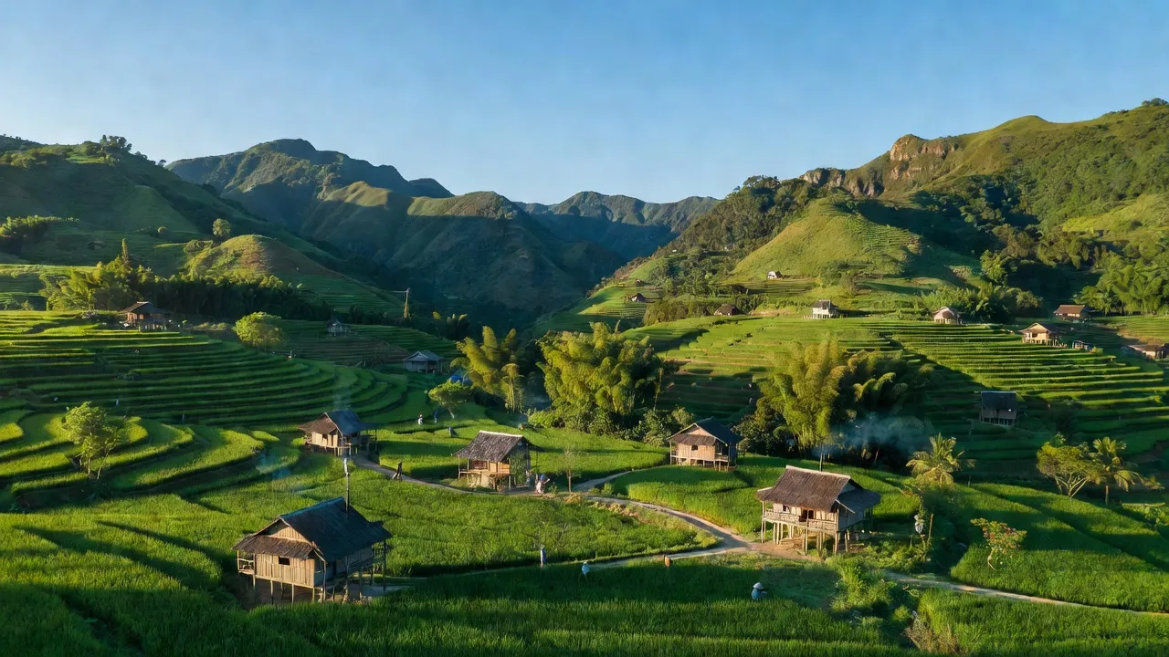 Cảnh quan xã Bản Giang, huyện Tam Đường, Lai Châu với đồi núi, khí hậu vùng cao, và nhà nông thôn.
