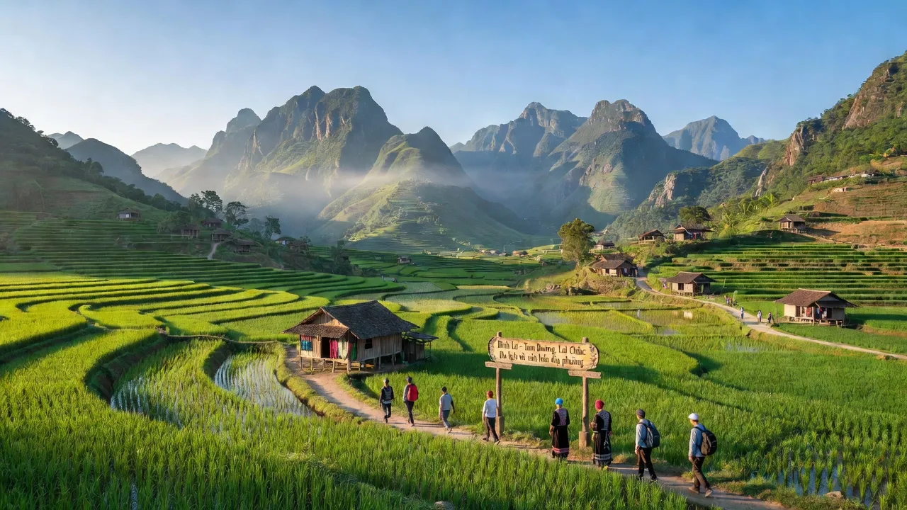 Cảnh đẹp xã Bình Lư, huyện Tam Đường, tỉnh Lai Châu với núi và cánh đồng xanh.