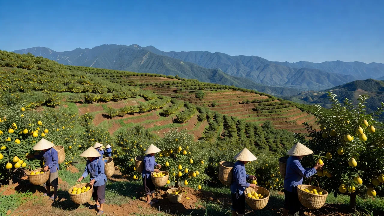 Cảnh nông nghiệp xã Giang Ma, huyện Tam Đường, tỉnh Lai Châu với cây lê và núi non.
