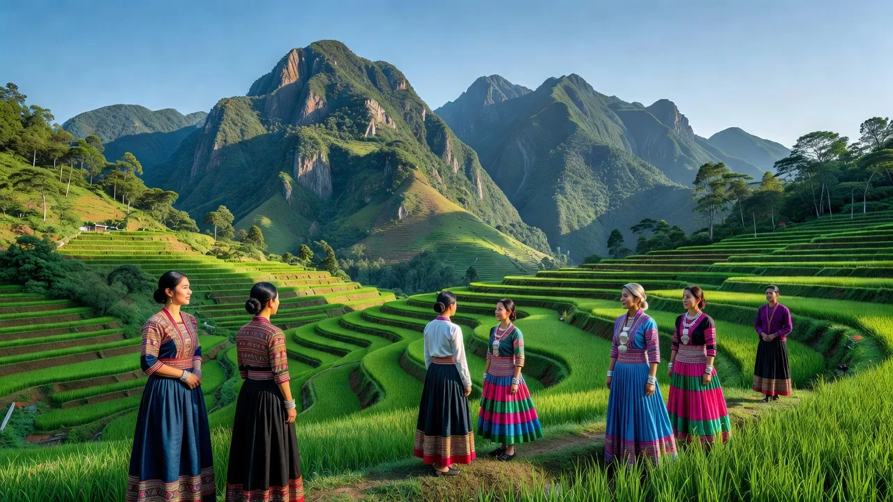 Khung cảnh xã Hồ Thầu, huyện Tam Đường, Lai Châu với núi non và ruộng bậc thang xanh.