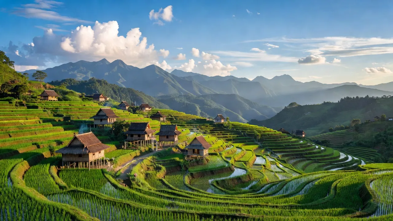 Khun Há village in Tam Đường, Lai Châu with rice terraces, mountains, and clear blue sky.