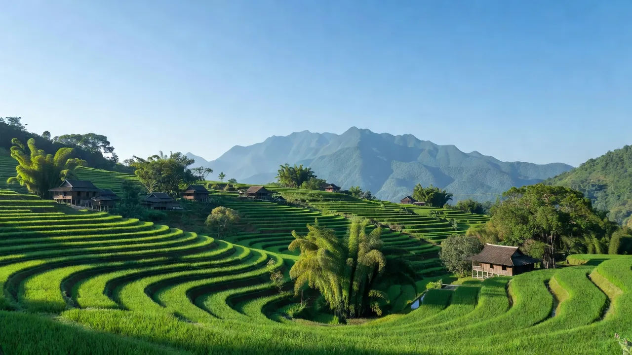 Cảnh đồng xanh ở xã Nà Tăm, huyện Tam Đường, tỉnh Lai Châu, với ruộng bậc thang và núi.
