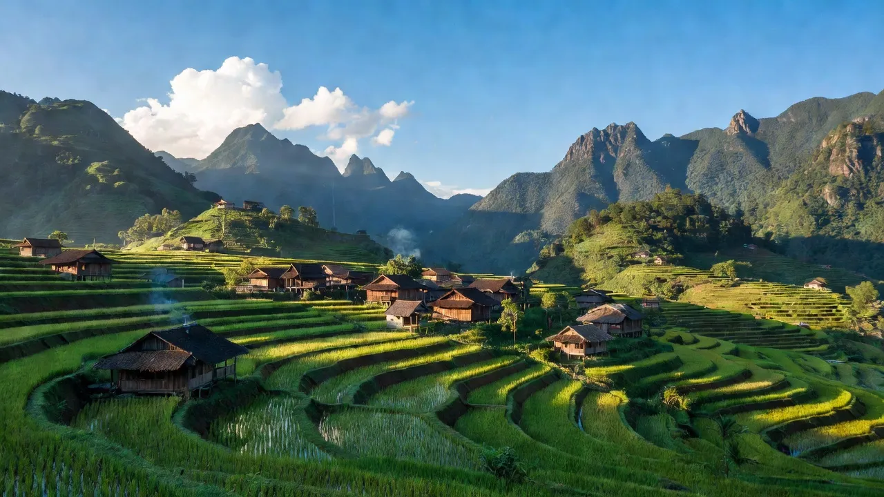 Cảnh núi non đẹp tại xã Nùng Nàng, huyện Tam Đường, tỉnh Lai Châu, với ruộng bậc thang xanh tươi.