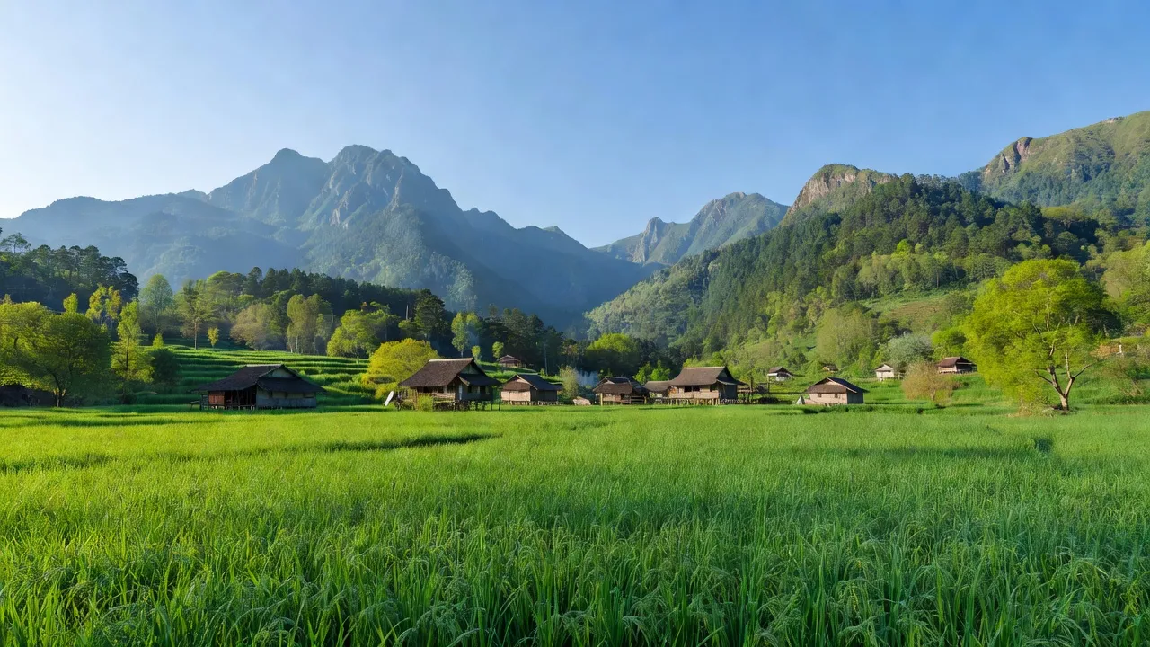Cảnh đẹp xã Sơn Bình, huyện Tam Đường, Lai Châu với cánh đồng xanh và núi non hùng vĩ.
