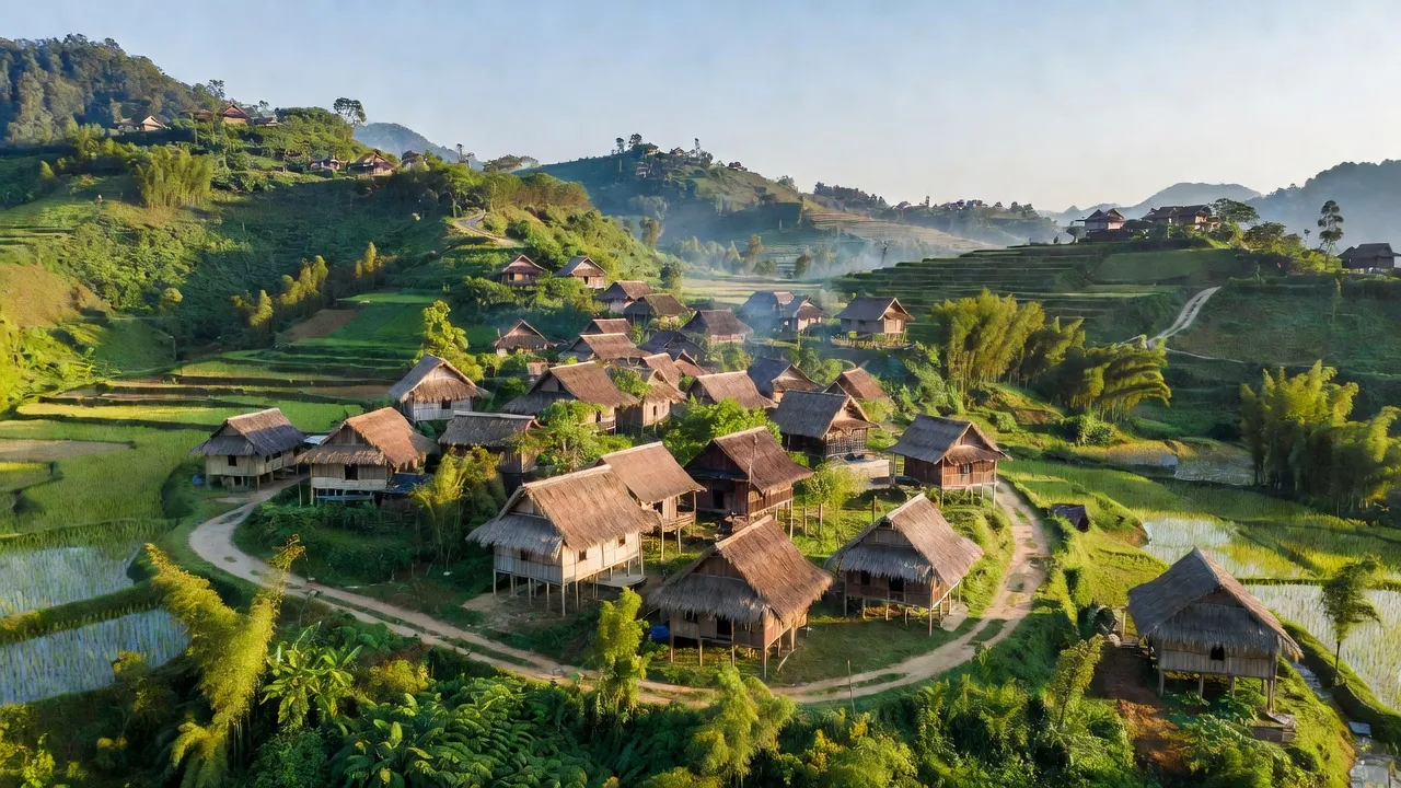 Khung cảnh đồng quê Tả Lèng, Tam Đường, Lai Châu với nhà truyền thống và đường đồi.