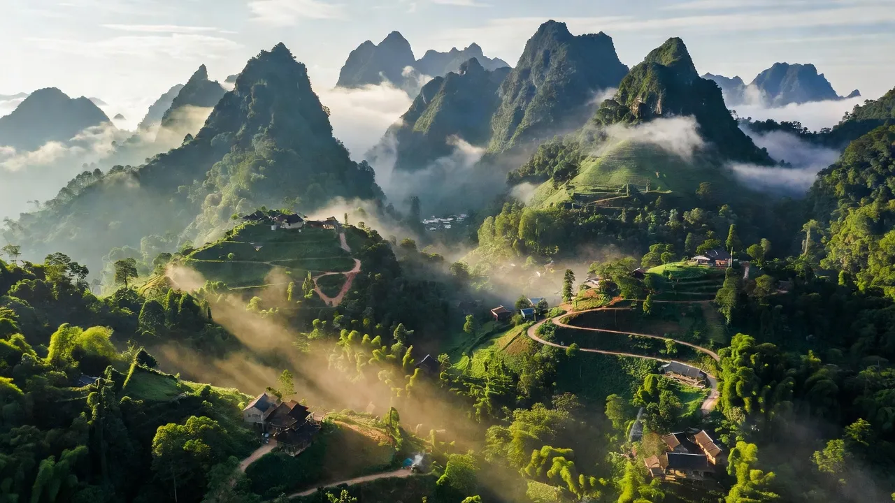 Khung cảnh xã Tả Lèng, huyện Tam Đường, tỉnh Lai Châu với núi xanh, đường đồi núi uốn lượn.