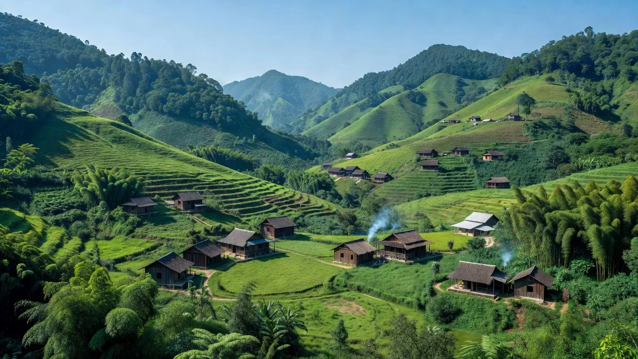 Khung cảnh đẹp của xã Thèn Sin, huyện Tam Đường, tỉnh Lai Châu với đồi núi và nhà sàn truyền thống.