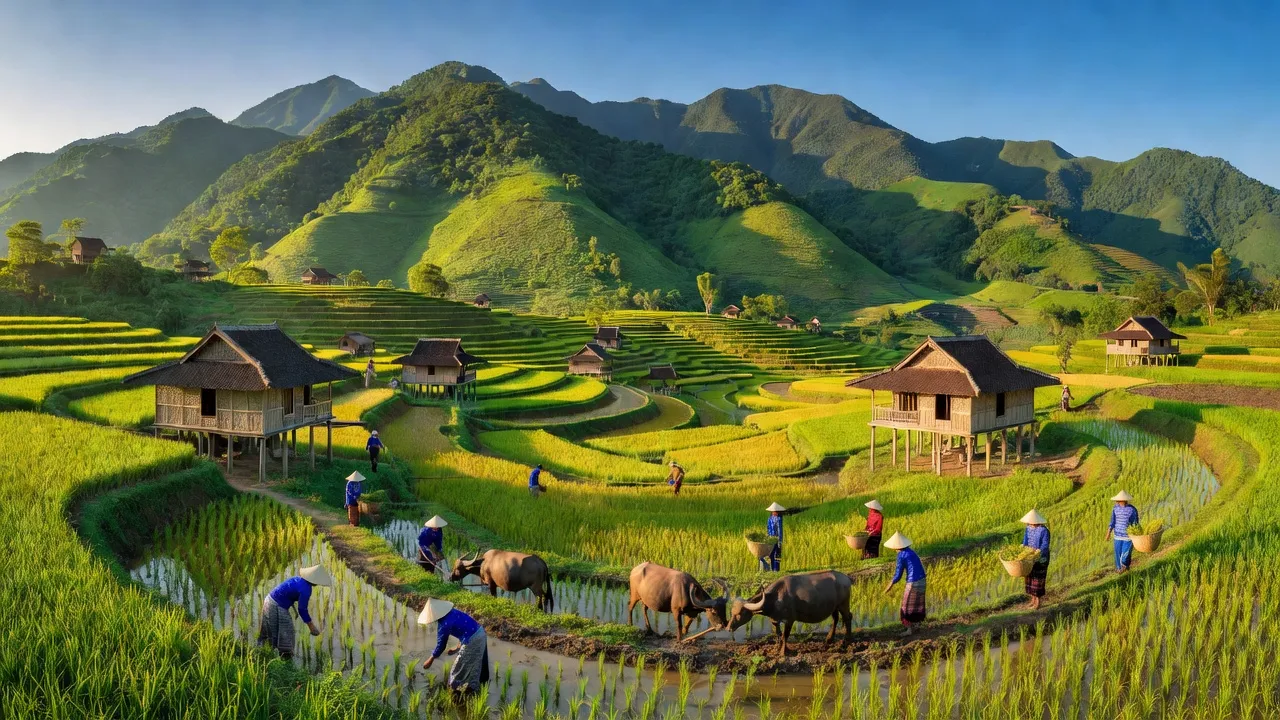 Cảnh đẹp huyện Tân Uyên, Lai Châu với núi non xanh tươi và nhà sàn truyền thống.