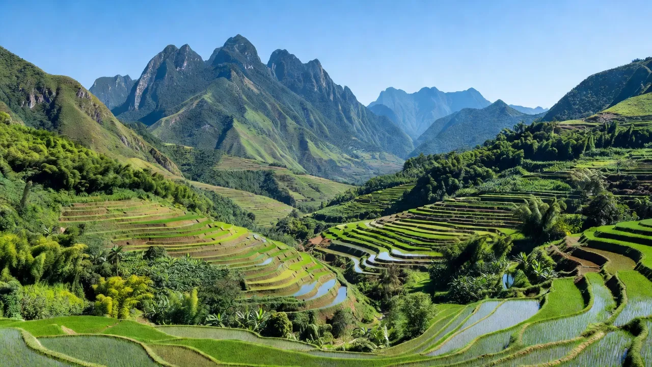 Huyện Tân Uyên, Lai Châu với núi cao và ruộng bậc thang, phong cảnh tuyệt đẹp và xanh tươi.