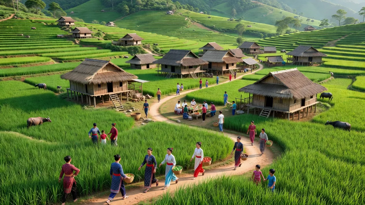 Cảnh sắc Xã Hố Mít, huyện Tân Uyên, tỉnh Lai Châu với nhà truyền thống và thiên nhiên tươi đẹp.