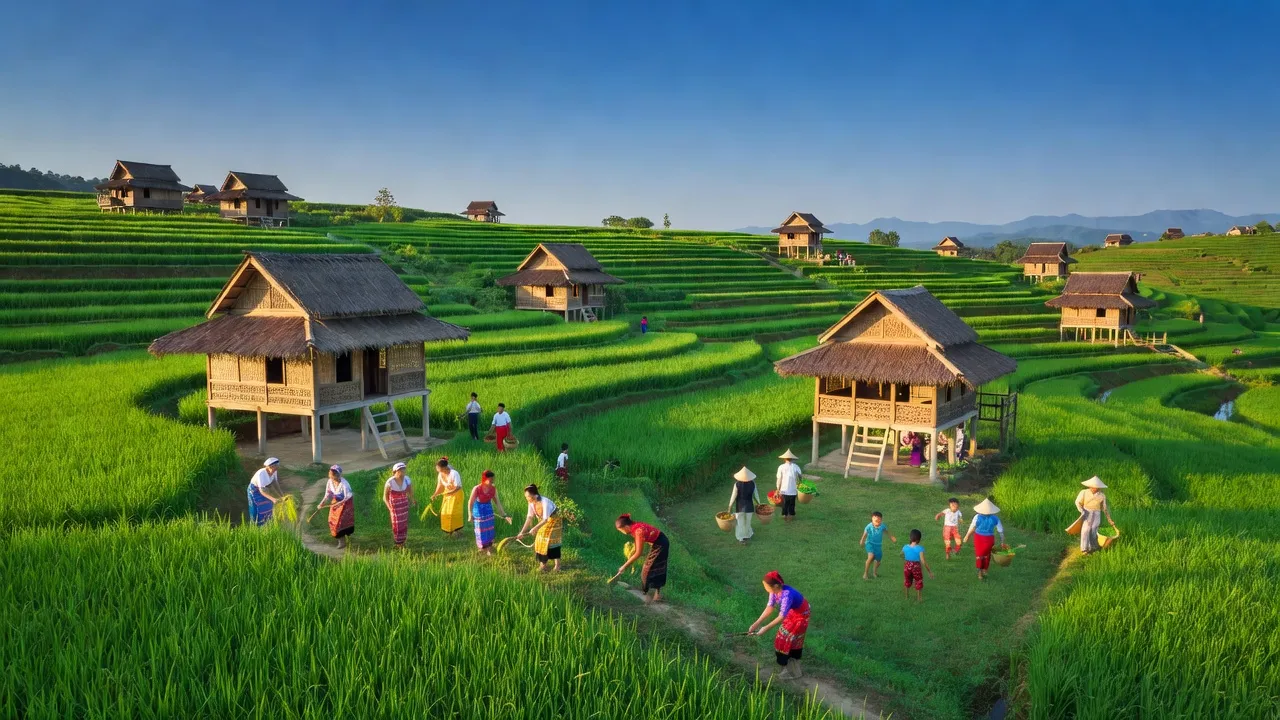Khung cảnh xã Hố Mít, huyện Tân Uyên, tỉnh Lai Châu với cảnh vật xanh tươi, nhà truyền thống.