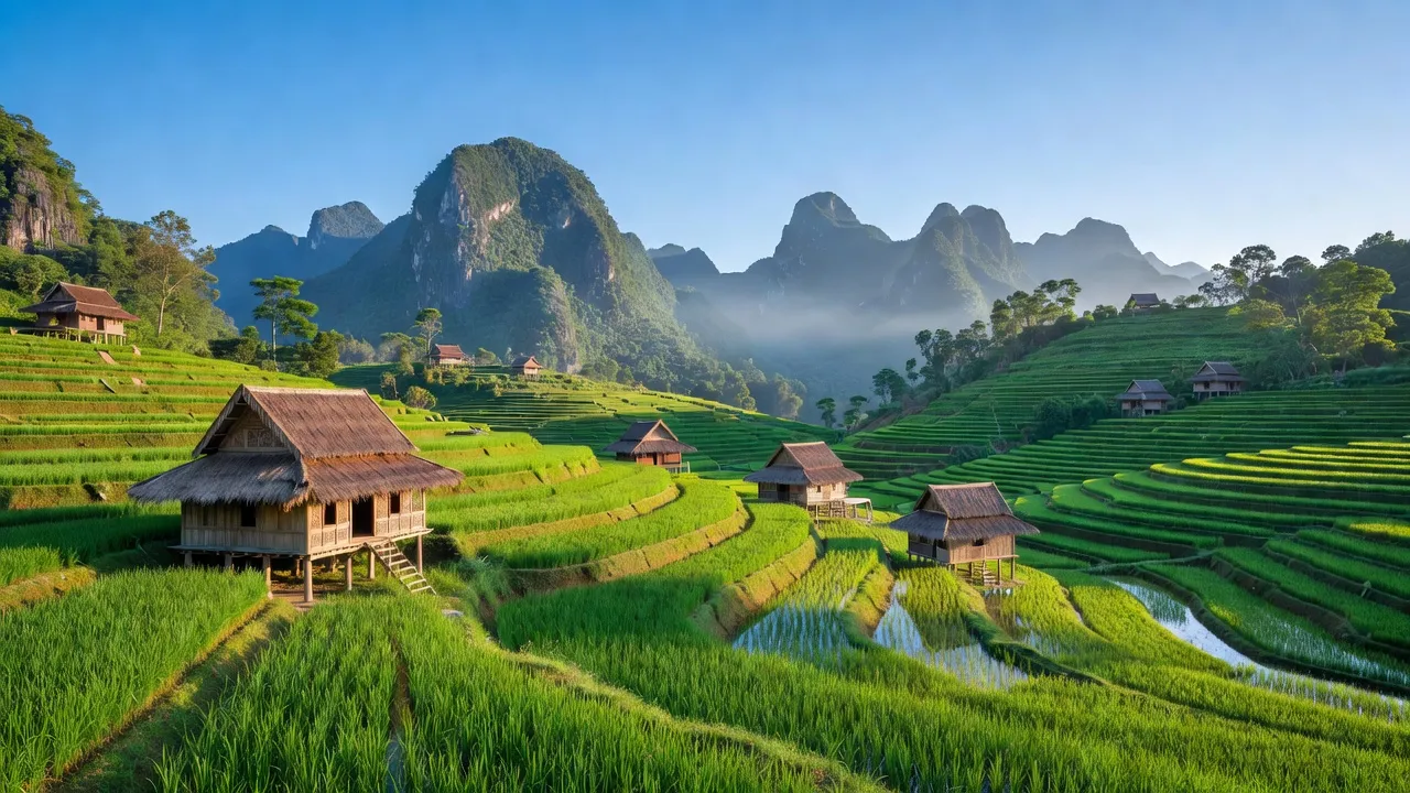 Khung cảnh Mường Khoa, Tân Uyên, Lai Châu với cánh đồng lúa và nhà sàn người Thái.