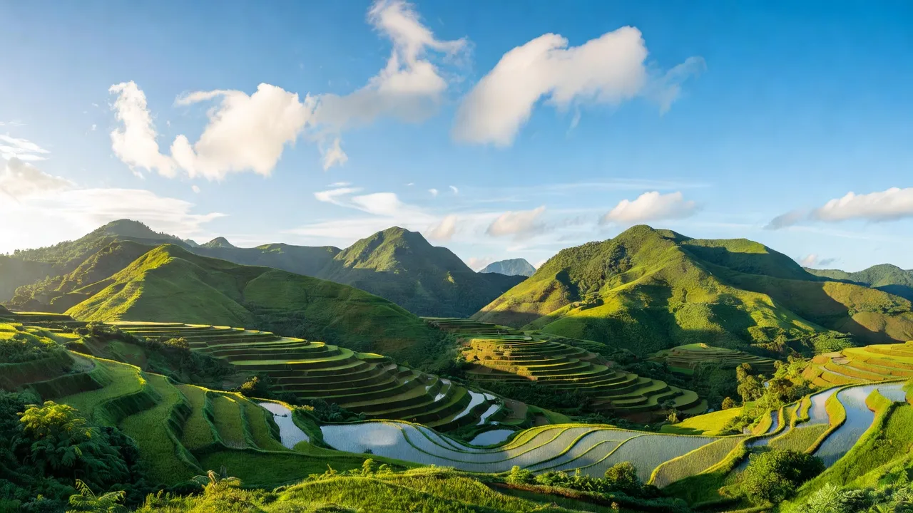 Cảnh quan xã Nậm Cần, huyện Tân Uyên, với núi và ruộng bậc thang xanh mướt, bầu trời trong xanh.