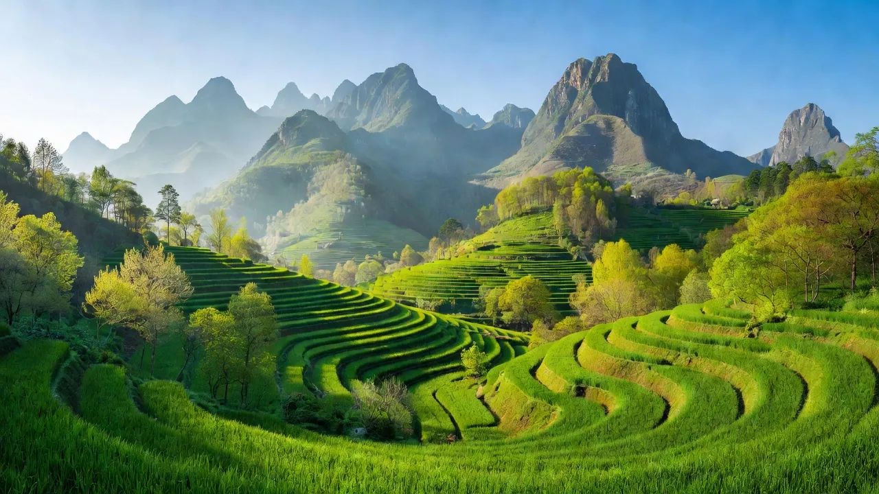 Khung cảnh thiên nhiên xã Nậm Cần, huyện Tân Uyên, tỉnh Lai Châu với núi non và ruộng bậc thang.
