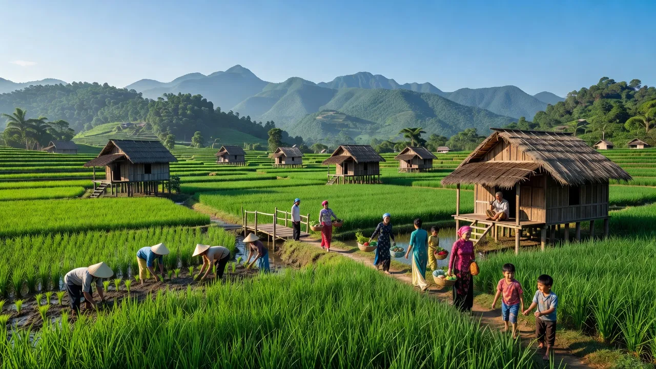 Quang cảnh xã Nậm Sỏ, huyện Tân Uyên, Lai Châu với những cánh đồng xanh và nhà sàn truyền thống.