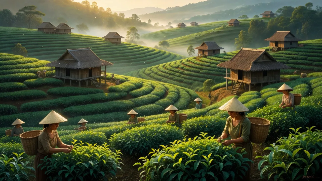 Khung cảnh xã Pắc Ta, huyện Tân Uyên, với những đồi chè xanh và cuộc sống nông thôn yên bình.