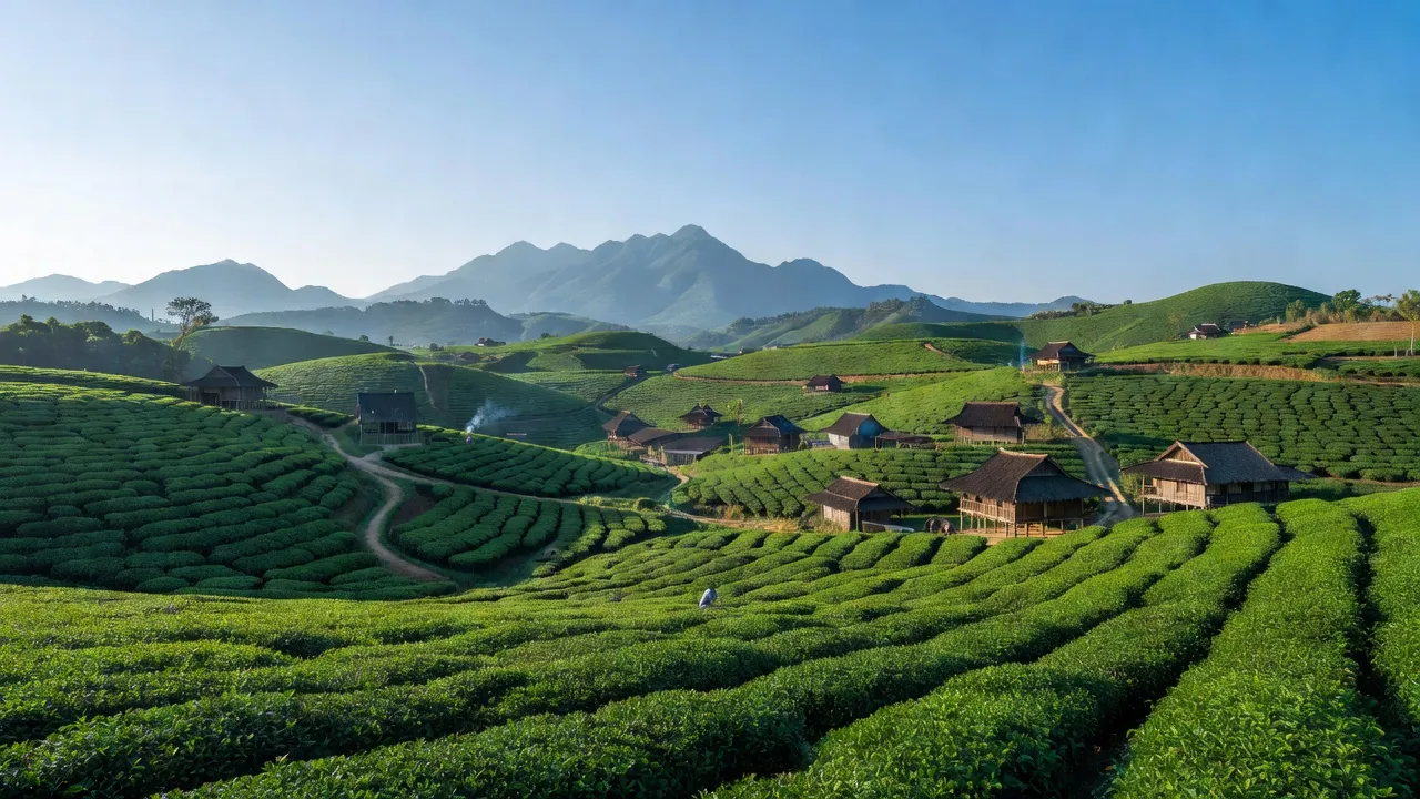 Khung cảnh xã Pắc Ta với cánh đồng chè xanh mướt và làng bản truyền thống ở Lai Châu.