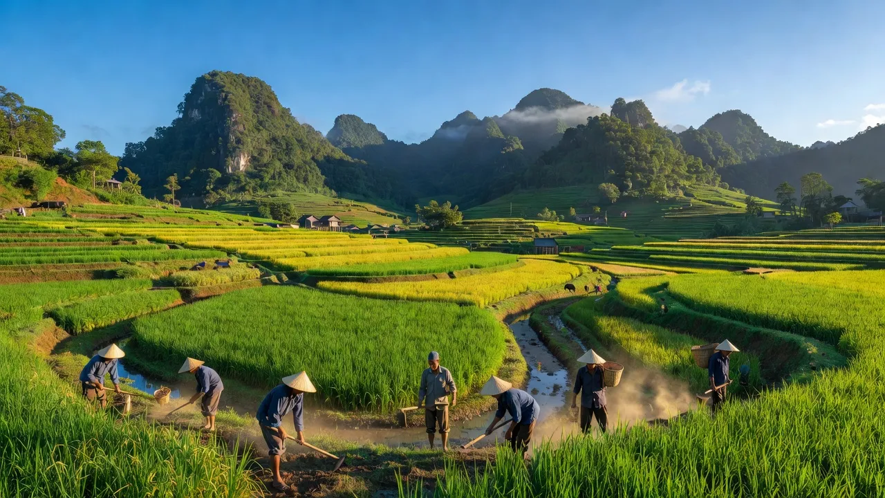 Cảnh đẹp nông nghiệp xã Phúc Khoa, huyện Tân Uyên, tỉnh Lai Châu với những cánh đồng xanh tươi.