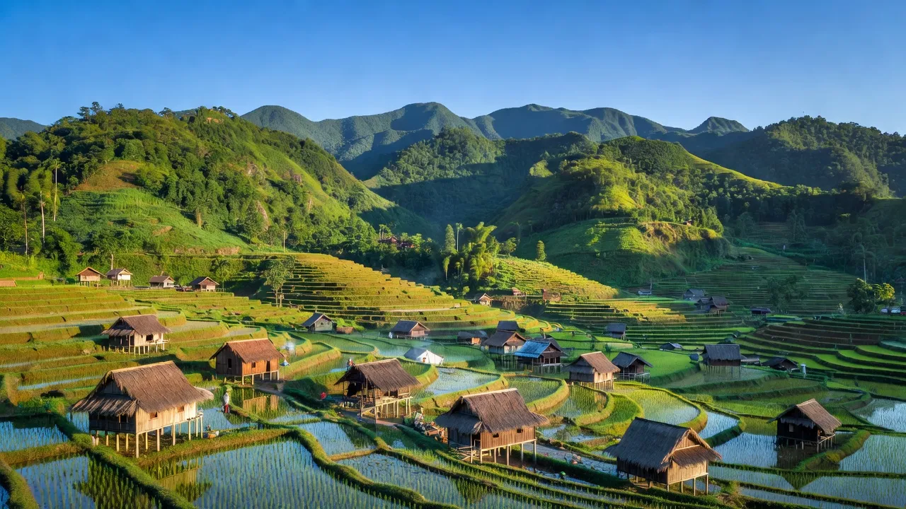 Xã Tà Mít, huyện Tân Uyên, tỉnh Lai Châu với cánh đồng và núi rừng xanh tươi.