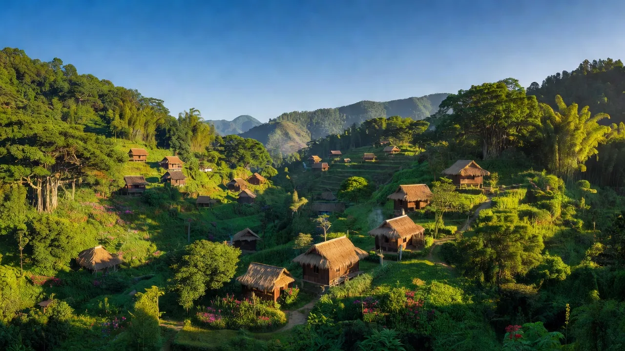 Khung cảnh Xã Thân Thuộc, Huyện Tân Uyên, Tỉnh Lai Châu với núi xanh và nhà truyền thống.
