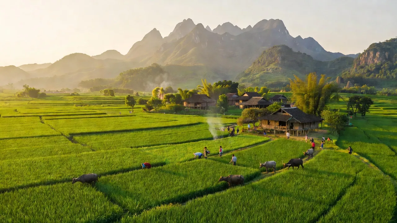 Cánh đồng xanh ở xã Trung Đồng, huyện Tân Uyên, tỉnh Lai Châu, Việt Nam, thể hiện cuộc sống nông nghiệp.