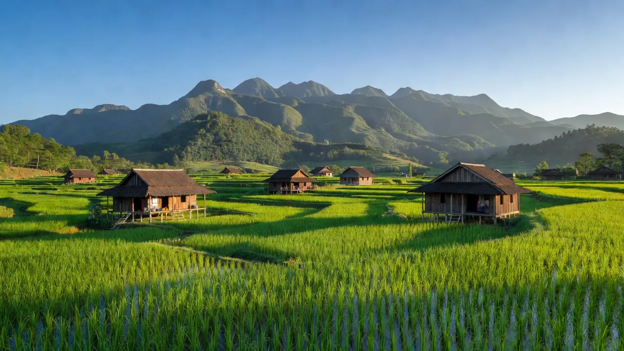 Khung cảnh xã Trung Đồng, huyện Tân Uyên, tỉnh Lai Châu với cánh đồng xanh và núi non hùng vĩ.