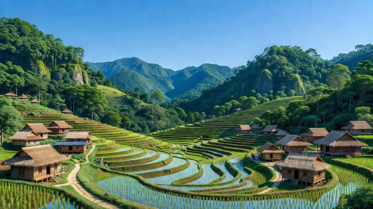 Phong cảnh huyện Than Uyên, Lai Châu với núi non xanh và ruộng bậc thang, nền văn hóa đa dạng.