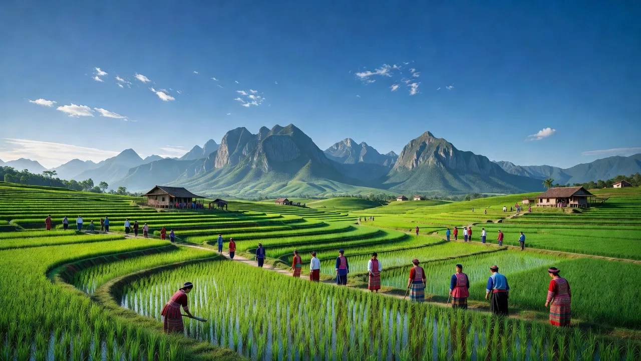 Cảnh đẹp xã Hua Nà, huyện Than Uyên, tỉnh Lai Châu với núi non và cánh đồng xanh.