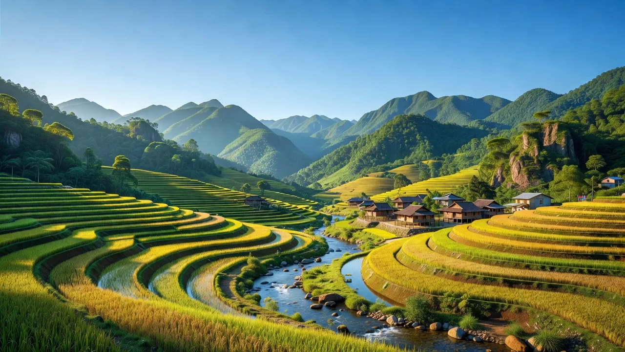 Phong cảnh xã Mường Kim với núi, ruộng bậc thang và không khí trong lành, Lai Châu.
