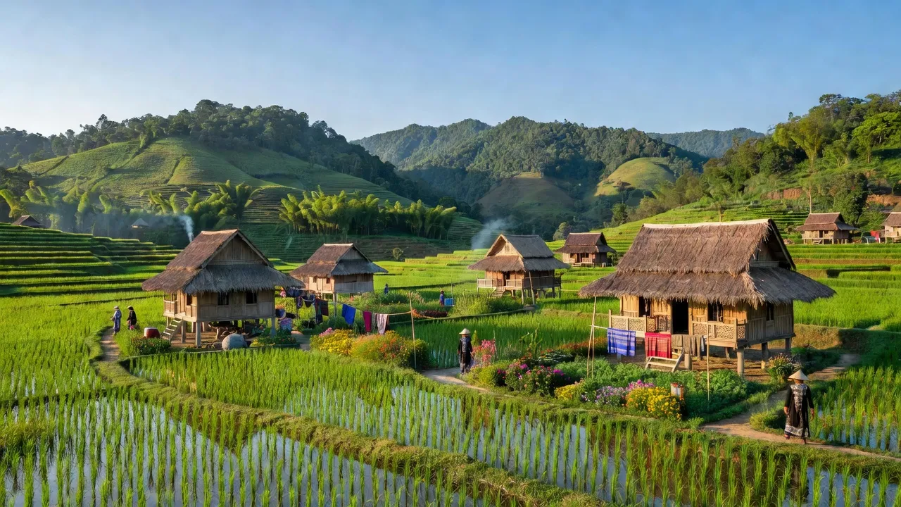 Khung cảnh bình yên xã Mường Mít, huyện Than Uyên, với nhà truyền thống Thái và cánh đồng xanh.