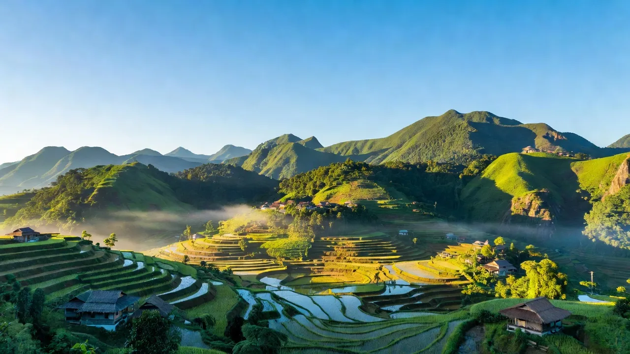 Khung cảnh xã Pha Mu huyện Than Uyên, tỉnh Lai Châu với núi xanh và ruộng bậc thang.