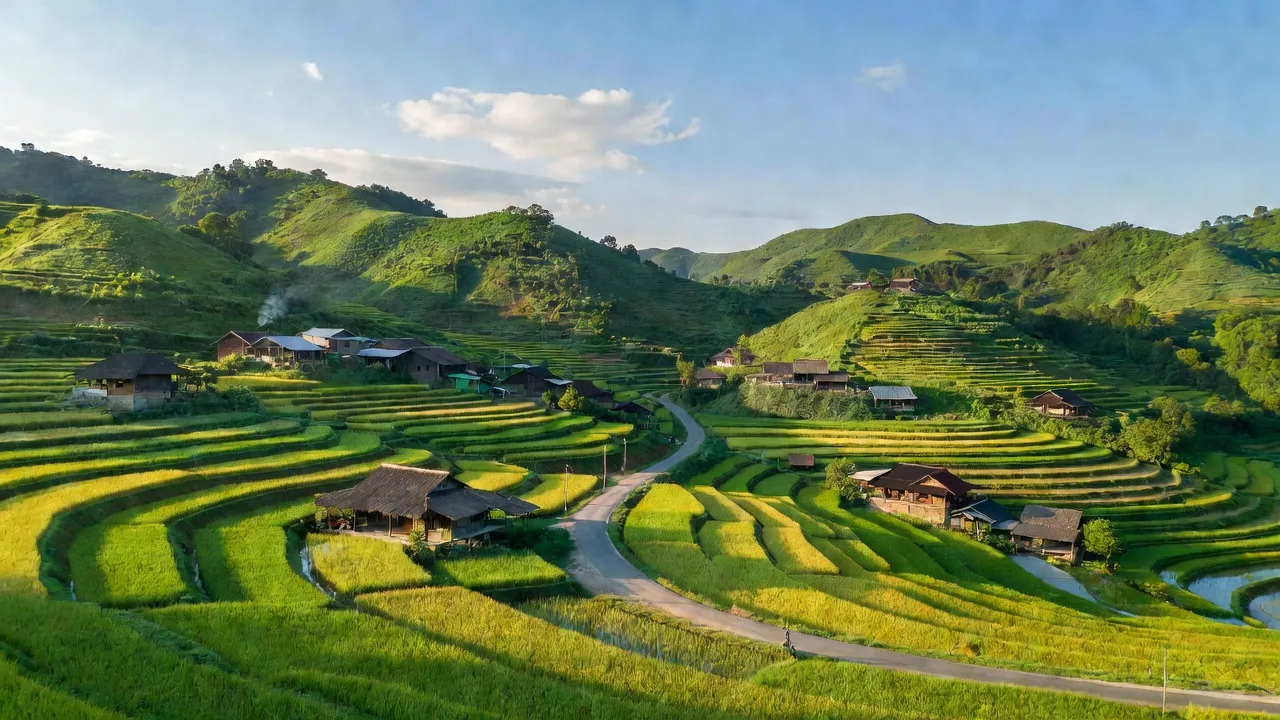 Cảnh quan xã Phúc Than huyện Than Uyên, Lai Châu, với cánh đồng xanh và đường Quốc lộ 32.