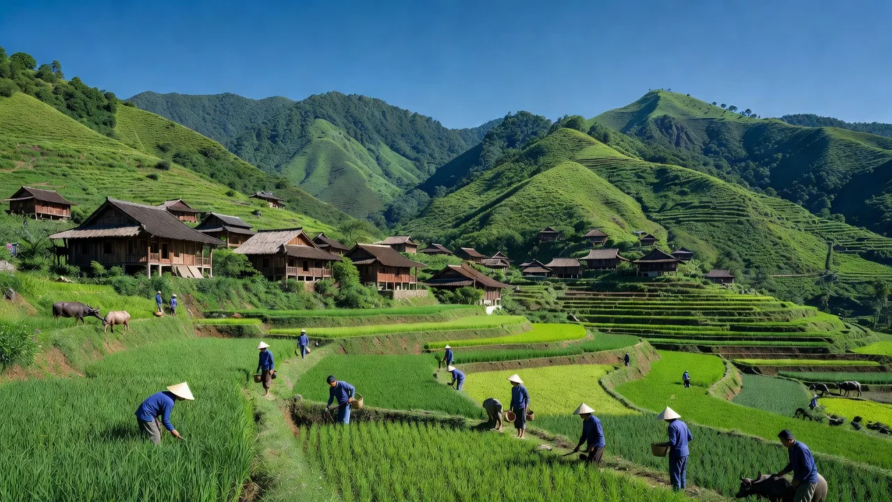 Khung cảnh xã Tà Hừa, huyện Than Uyên, tỉnh Lai Châu với những ngọn đồi xanh tươi và hoạt động nông nghiệp.