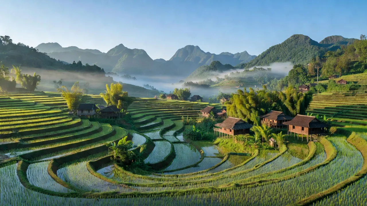Khung cảnh xã Tà Hừa, huyện Than Uyên, tỉnh Lai Châu với ruộng bậc thang và núi misty.