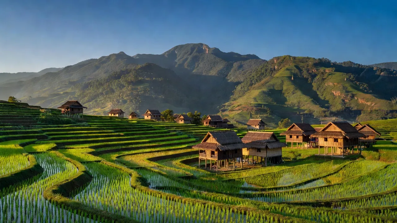 Khung cảnh xã Tà Mung, huyện Than Uyên, Lai Châu với ruộng bậc thang và nhà dân tộc Thái.
