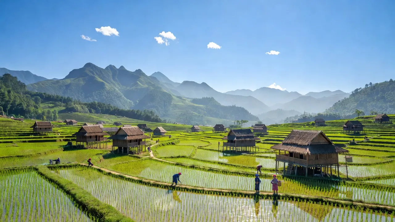 Tà Mung village in Than Uyên, Lai Châu, with rice fields and traditional Thai homes under a clear sky.